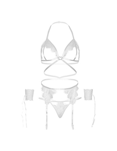 LEG AVENUE SET CUATRO PIEZAS SUJETADOR LIGUERO TANGA Y PUNOS TALLA UNICA NEGRO