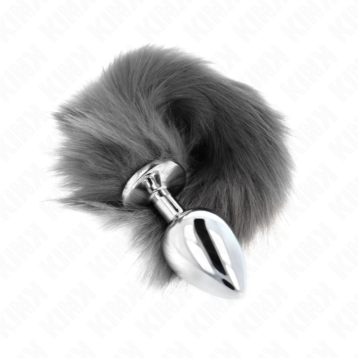 KINK PLUG ANAL TALLA L 10 X 4 CM CON COLA SINTETICA 40 CM PLATEADO Y BLANCO