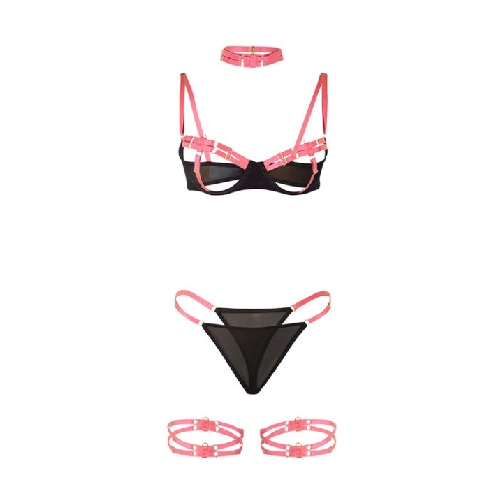 SUBBLIME 955298 SET SUJETADOR CON COLLAR Y DETALLES PARA PIERNAS ROSA FLUORESCENTE S M