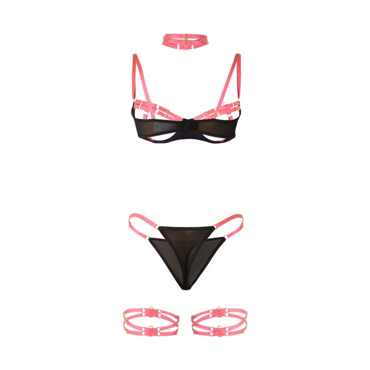 SUBBLIME 955298 SET SUJETADOR CON COLLAR Y DETALLES PARA PIERNAS ROSA FLUORESCENTE S M