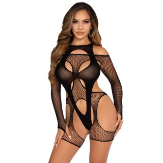 LEG AVENUE BODY DE REJILLA CON LIGA Y ARNES NEGRO