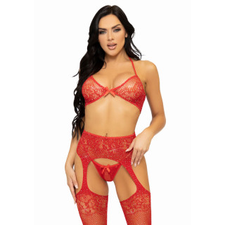 LEG AVENUE SET TRES PIEZAS SUJETADOR TANGA Y MEDIAS TALLA UNICA ROJO