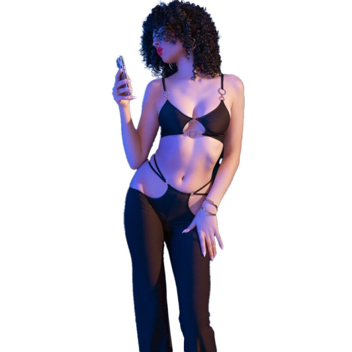 CHILIROSE CR 4851 SET TOP NEGRO Y LEGGINS CON COMPLEMENTOS DORADOS S