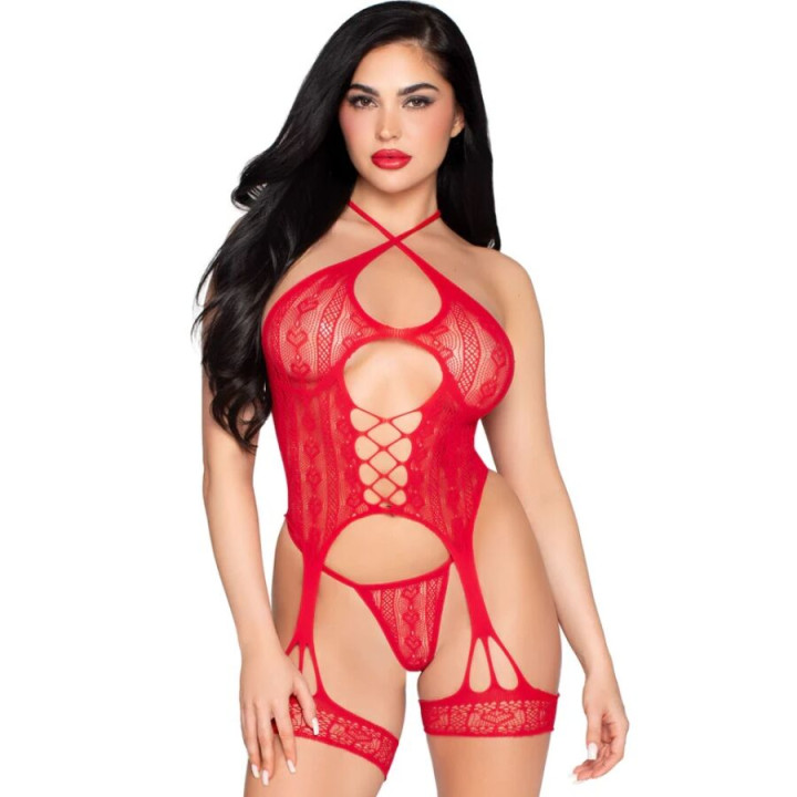LEG AVENUE 89338 SET BODY ABIERTO CON LIGUERO TANGA DE ENCAJE ROJO TALLA UNICA