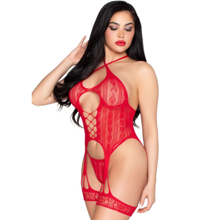 LEG AVENUE 89338 SET BODY ABIERTO CON LIGUERO TANGA DE ENCAJE ROJO TALLA UNICA