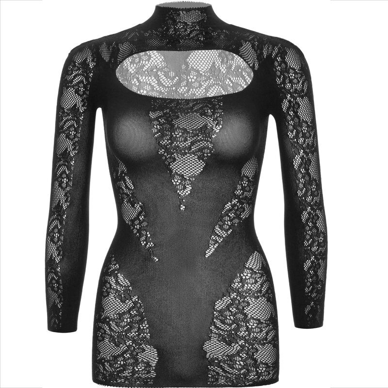 LEG AVENUE MINI VESTIDO DE ENCAJE CON MANGA LARGA NEGRO