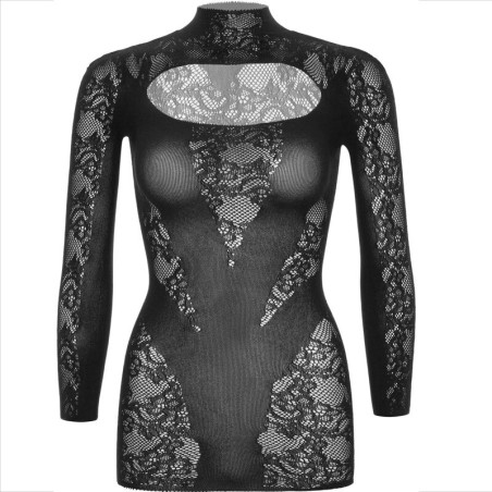 LEG AVENUE MINI VESTIDO DE ENCAJE CON MANGA LARGA NEGRO