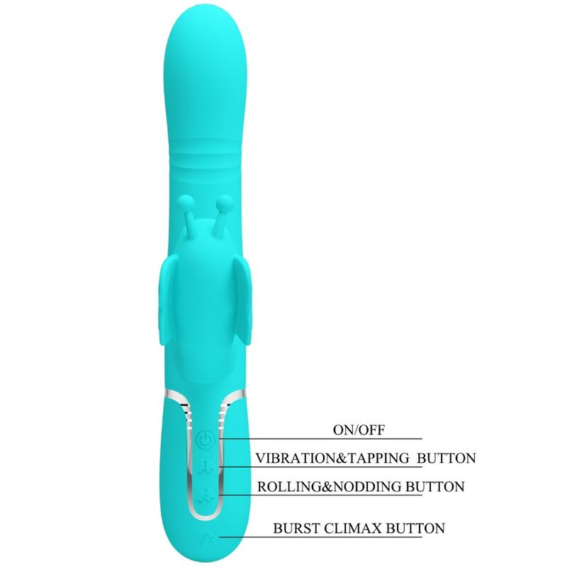 PRETTY LOVE VIBRADOR RABBIT MULTIFUNCION 4 EN 1 MARIPOSA VERDE AGUA