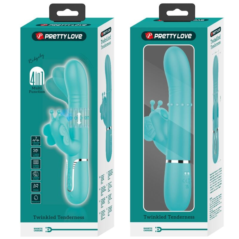 PRETTY LOVE VIBRADOR RABBIT MULTIFUNCION 4 EN 1 MARIPOSA VERDE AGUA