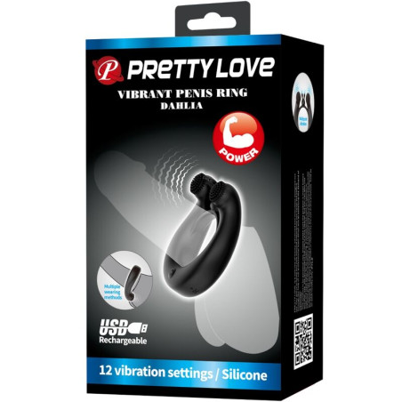 PRETTY LOVE DAHLIA ANILLO VIBRADOR ESTIMULADOR DE CLITOIS 12 VIBRACIONES NEGRO