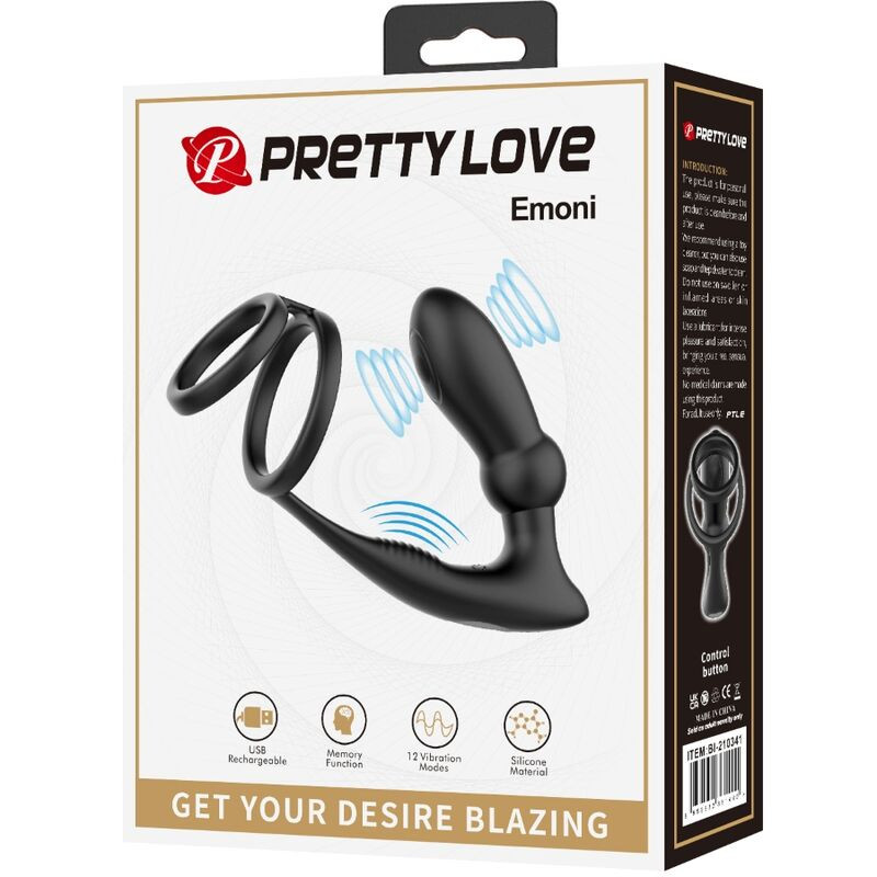 PRETTY LOVE EMONI ANILLO PENE PLUG ANAL 12 VIBRACIONES NEGRO