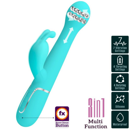 PRETTY LOVE DEJON VIBRADOR RABBIT 3 EN 1 MULTIFUNCION VERDE AGUA