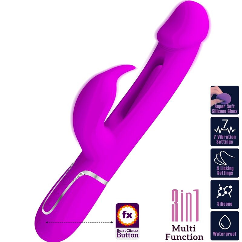 PRETTY LOVE KAMPAS VIBRADOR RABBIT 3 EN 1 MULTIFUNCION CON LENGUA FUCSIA