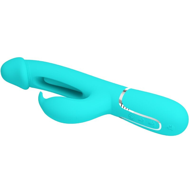 PRETTY LOVE KAMPAS VIBRADOR RABBIT 3 EN 1 MULTIFUNCION CON LENGUA VERDE AGUA