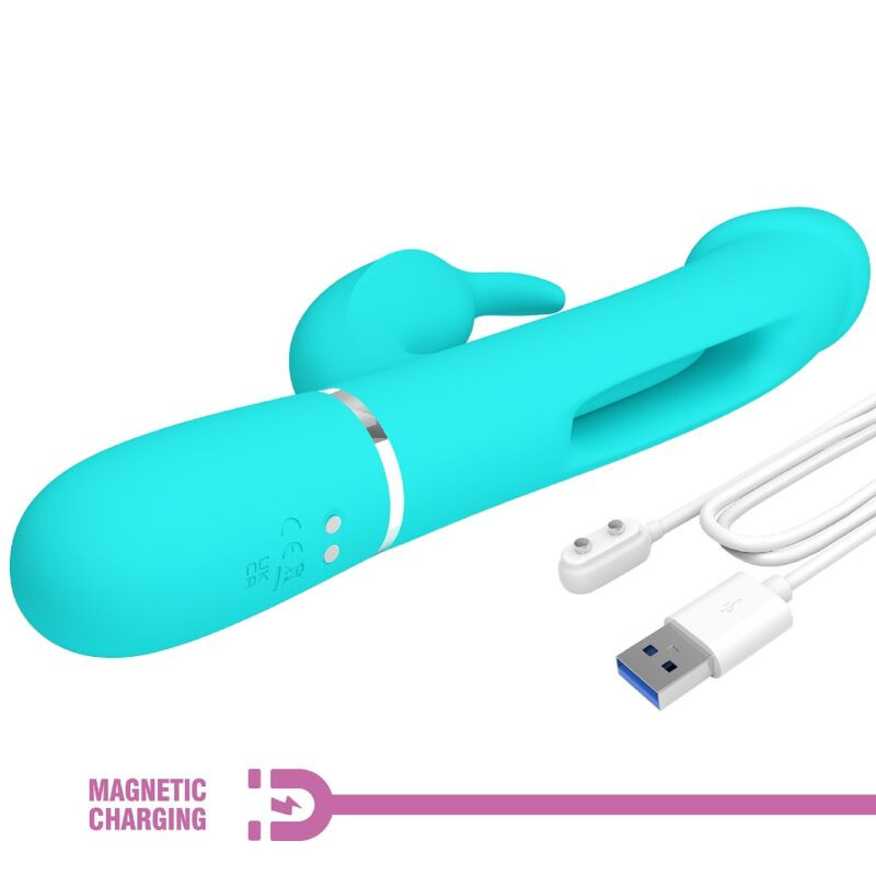 PRETTY LOVE KAMPAS VIBRADOR RABBIT 3 EN 1 MULTIFUNCION CON LENGUA VERDE AGUA