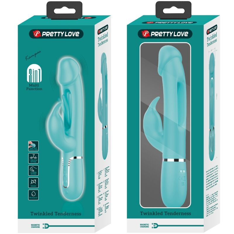 PRETTY LOVE KAMPAS VIBRADOR RABBIT 3 EN 1 MULTIFUNCION CON LENGUA VERDE AGUA