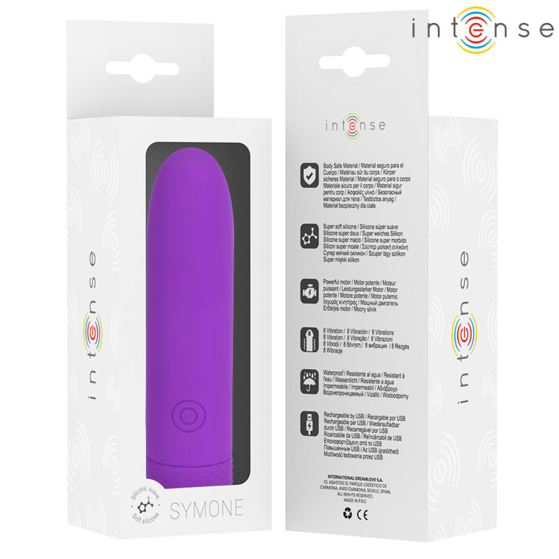 INTENSE SYMONE BALA VIBRADORA RECARGABLE POR USB 8 VIBRACIONES MORADO 10 X 22 CM