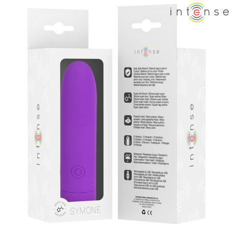 INTENSE SYMONE BALA VIBRADORA RECARGABLE POR USB 8 VIBRACIONES MORADO 10 X 22 CM
