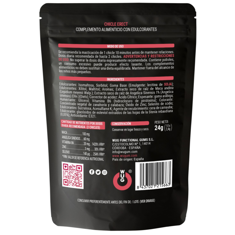 WUG ERECT Chicle funcional con Maca Zinc y Vitaminas para potenciar la energia y el rendimiento masculino