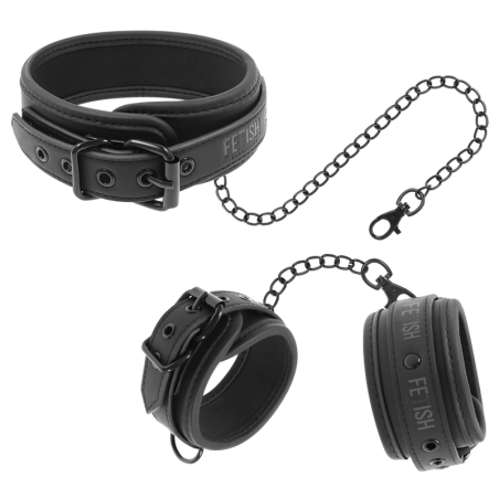 FETISH SUBMISSIVE COLLAR Y ESPOSAS CUERO VEGANO CON FORRO DE NEOPRENO