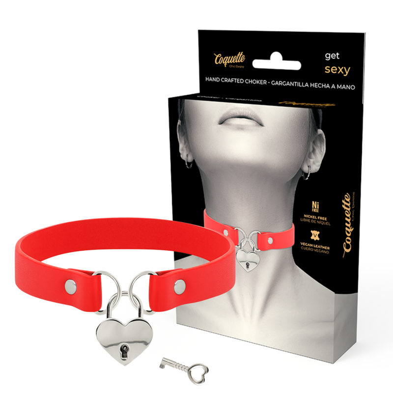 COQUETTE CHIC DESIRE COLLAR CUERO VEGANO ROJO ACCESORIO CORAZON CON LLAVE