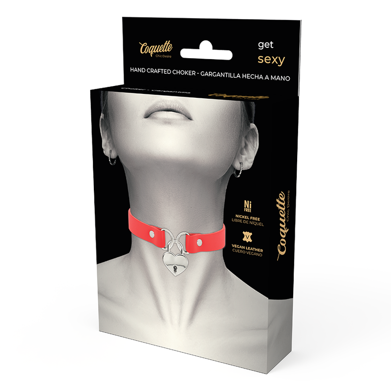 COQUETTE CHIC DESIRE COLLAR CUERO VEGANO ROJO ACCESORIO CORAZON CON LLAVE