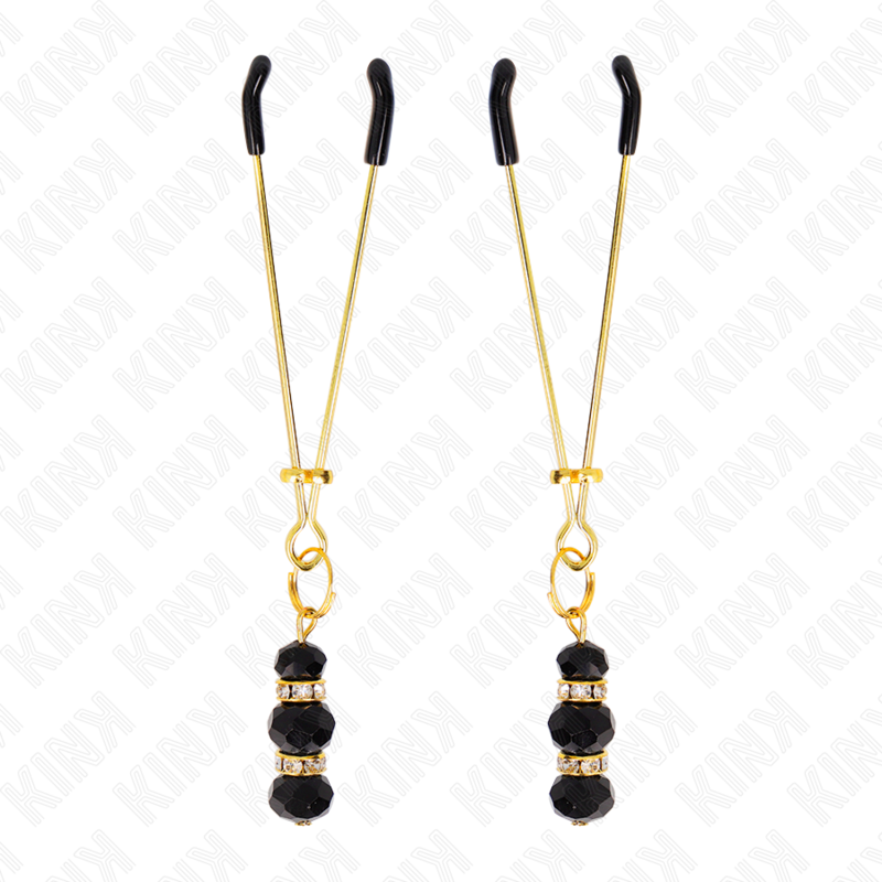 KINK PINZAS PARA PEZONES DORADA FINA CON TRIPLE BOLA DE VIDRIO NEGRO 7 CM