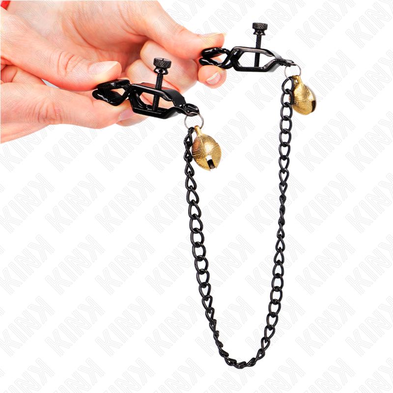 KINK PINZAS PARA PEZONES PLANAS NEGRO CON CASCABEL Y CADENA PLATEADO 30 CM