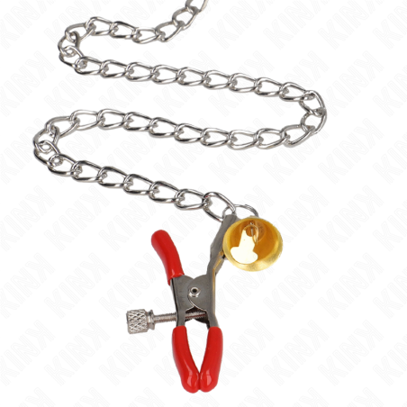 KINK PINZAS PARA PEZONES Y CLITORIS ROJAS CON CASCABEL DORADO Y CADENA 30 CM