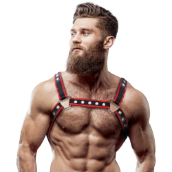 FETISH SUBMISSIVE ATTITUDE MENS ECO LEATHER CHEST BULLDOG HARNESS BLACK RED 2