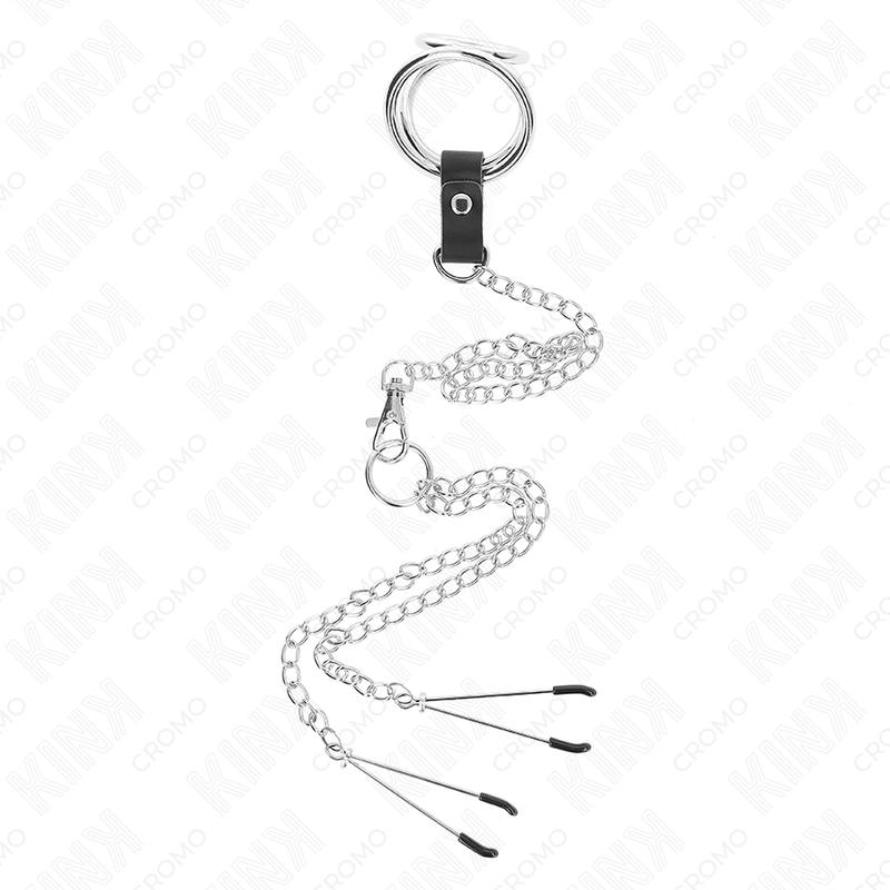 KINK ANILLO PENE TRIPLE METAL CROMADO 3 CM A 45 CM CON CADENA METAL 26 CM Y PINZAS PARA PEZONES