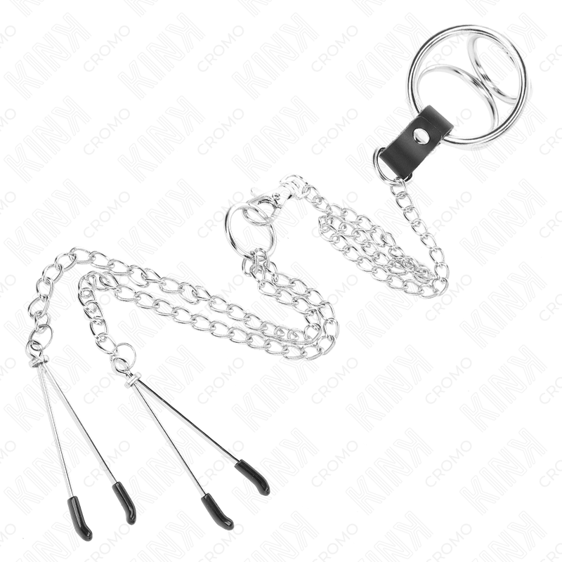 KINK ANILLO PENE TRIPLE METAL CROMADO 3 CM A 45 CM CON CADENA METAL 26 CM Y PINZAS PARA PEZONES