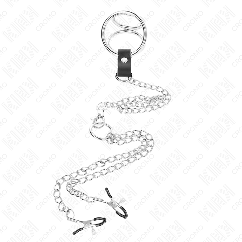 KINK ANILLO PENE TRIPLE METAL CROMADO 3 CM A 45 CM CON CADENA METAL 26 CM Y PINZAS PARA PEZONES