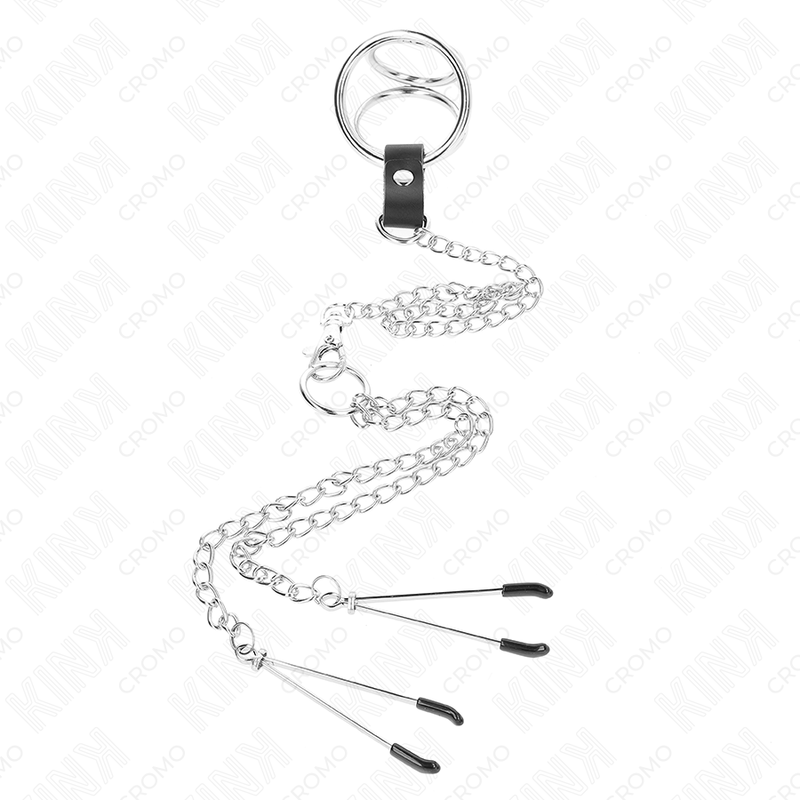 KINK ANILLO PENE TRIPLE METAL CROMADO 38 CM A 5 CM CADENA METAL 26 CM Y PINZAS PARA PEZONES MODELO 2