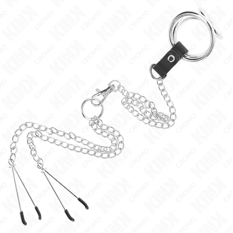 KINK ANILLO PENE TRIPLE METAL CROMADO 38 CM A 5 CM CADENA METAL 26 CM Y PINZAS PARA PEZONES MODELO 2