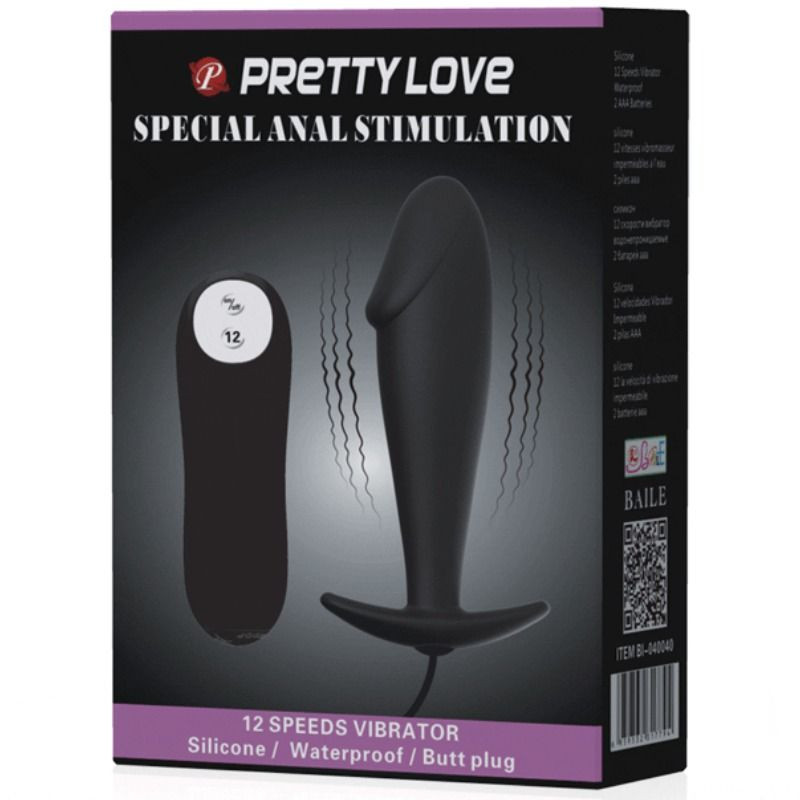 PRETTY LOVE PLUG ANAL SILICONA FORMA PENE Y 12 MODOS VIBRACION NEGRO