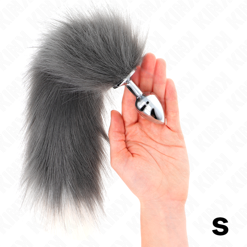 KINK PLUG ANAL TALLA S 7 X 3 CM CON COLA SINTETICA 40 CM PLATEADO Y BLANCO