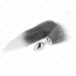 KINK PLUG ANAL TALLA M 8 X 35 CM CON COLA SINTETICA 40 CM PLATEADO Y BLANCO