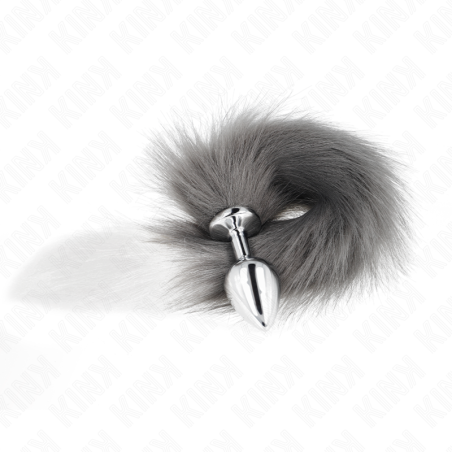 KINK PLUG ANAL TALLA M 8 X 35 CM CON COLA SINTETICA 40 CM PLATEADO Y BLANCO