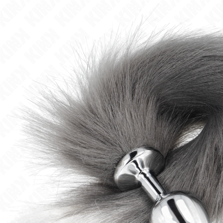 KINK PLUG ANAL TALLA M 8 X 35 CM CON COLA SINTETICA 40 CM PLATEADO Y BLANCO