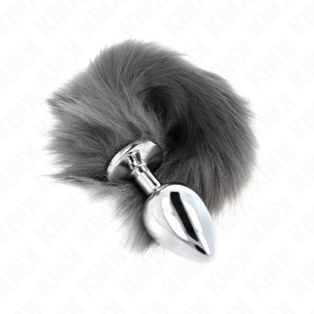 KINK PLUG ANAL TALLA L 10 X 4 CM CON COLA SINTETICA 40 CM PLATEADO Y BLANCO