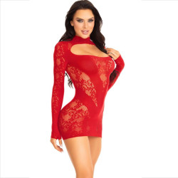 LEG AVENUE MINI VESTIDO DE ENCAJE CON MANGA LARGA ROJO 2
