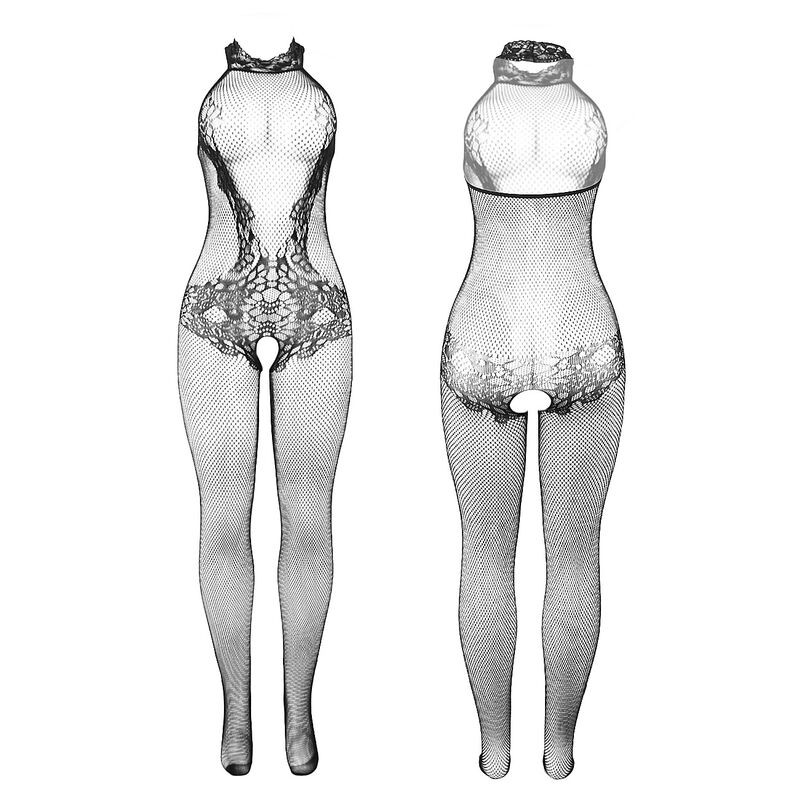 SUBBLIME 951801 BODYSTOCKING CROTCHLESS DE REJILLA Y ENCAJE CON CUELLO ALTO NEGRO TALLA UNICA