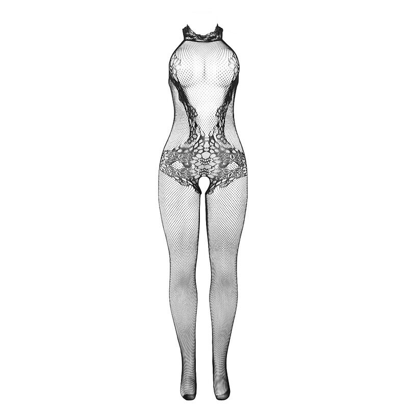 SUBBLIME 951801 BODYSTOCKING CROTCHLESS DE REJILLA Y ENCAJE CON CUELLO ALTO NEGRO TALLA UNICA