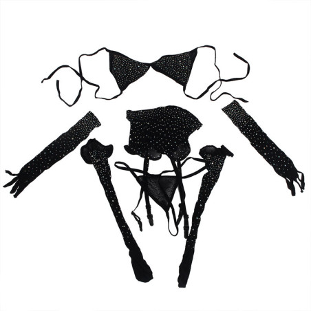 SUBBLIME 952174 BODYSTOCKING DE REJILLA CON GUANTES Y DIAMANTES NEGRO TALLA UNICA