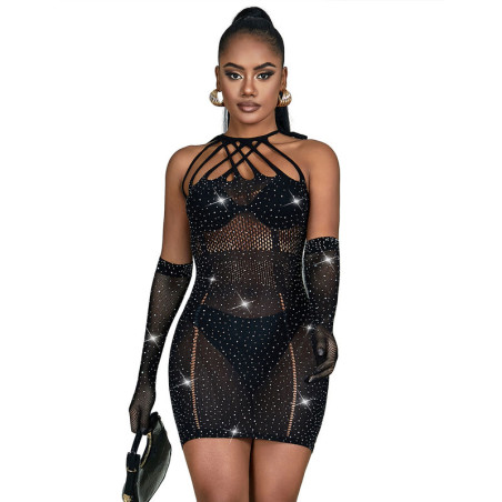 SUBBLIME 952235 VESTIDO DE REJILLA CON BRILLANTES NEGRO TALLA UNICA