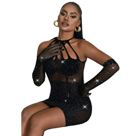 SUBBLIME 952235 VESTIDO DE REJILLA CON BRILLANTES NEGRO TALLA UNICA