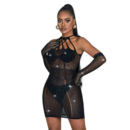 SUBBLIME 952235 VESTIDO DE REJILLA CON BRILLANTES NEGRO TALLA UNICA