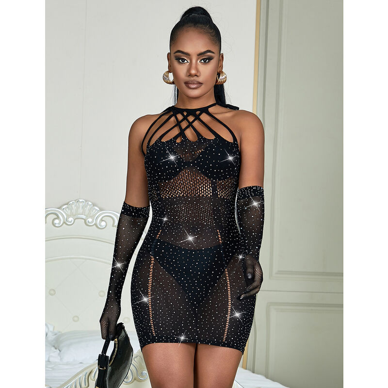SUBBLIME 952235 VESTIDO DE REJILLA CON BRILLANTES NEGRO TALLA UNICA