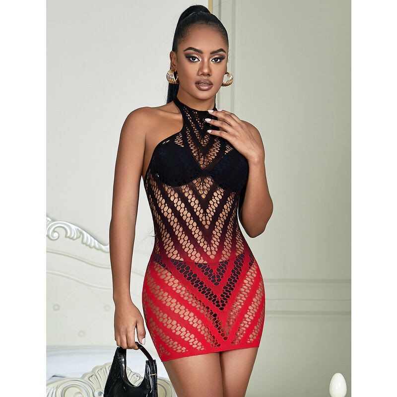 SUBBLIME 952242 VESTIDO DE REJILLA ELASTICO DEGRADADO ROJO Y NEGRO TALLA UNICA